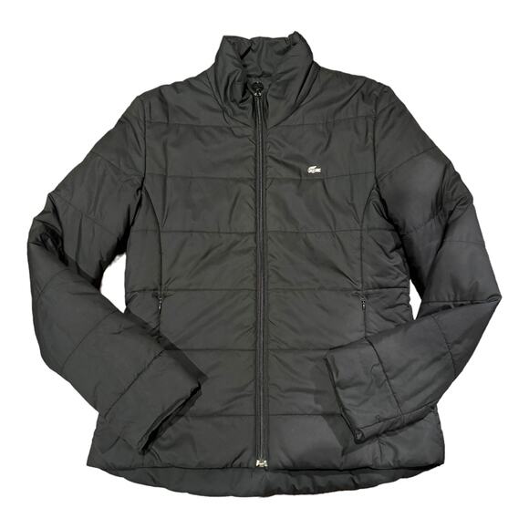 Lacoste black puffer jacket high collar silver logo size 40 size medium - Picture 1 of 12